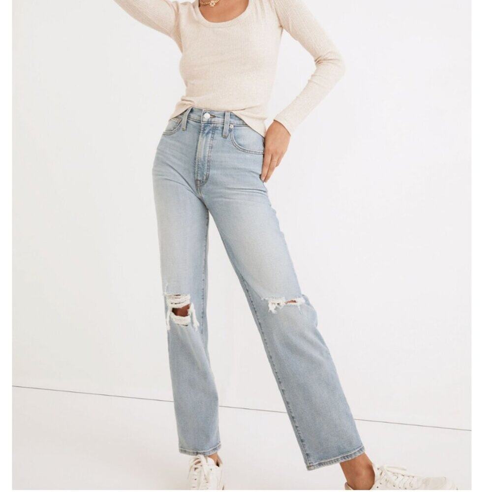 Madewell The Perfect Vintage Straight Jean in Danby Wash: Knee-Rip Edition